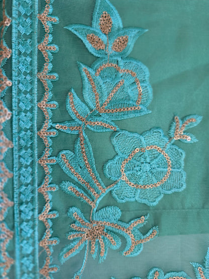 Teal Mint Multi-Fabric 3-Piece Embroidered Suit | Gold Sequin & Tilla Work | Pakistani Semi-Formal & Eid Wear