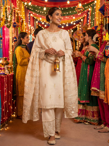 Limelight Festive 3-Piece Embroidered Suit – Ivory/Off-White