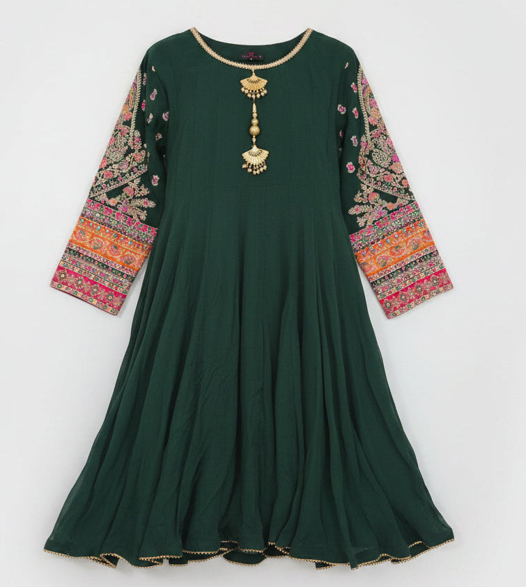 Bin Younas Forest Green Multi-Fabric 3-Piece Suit | Phulkari Embroidered Sleeves & Booti Palazzo | Pakistani Wedding & Mehndi Wear
