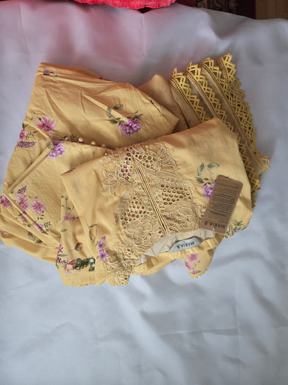 Maria B Sunshine Yellow Multi-Fabric 3-Piece Floral Printed Lawn Suit | Cutwork Embroidery Neckline | Pakistani Summer & Eid Wear