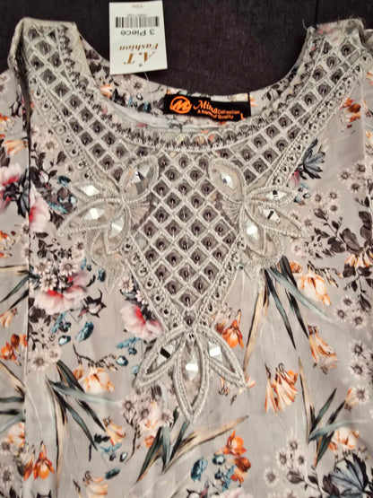 Grey Botanical Floral 3-Piece Suit | Mirror Lattice Neckline | Broderie Anglaise Hem | Minsa Collection |