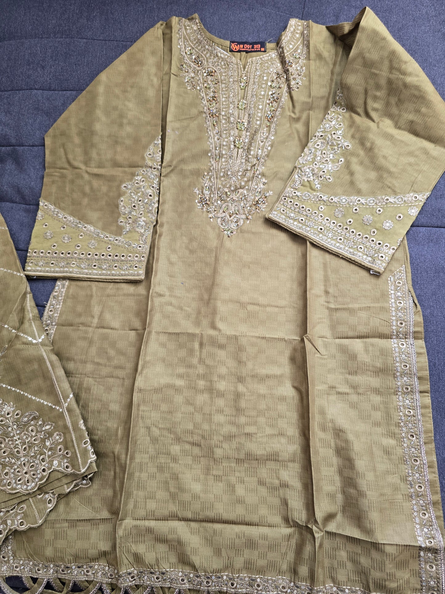 Golden Olive Embellished 3-Piece Suit | Heavy Crystal Neckline | Cutwork Hem | W Dot 313