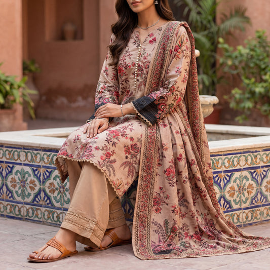 Khaadi Beige Multi-Fabric 3-Piece Botanical Floral Suit | Gold Lurex Stripe | Pakistani Luxury Lawn | With Tags