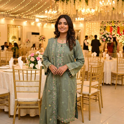 Olive Green Embroidered 3-Piece Suit | Crystal Neckline | Paisley Waistcoat| Dupatta | W Dot 313
