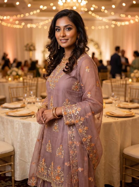 Dusty Mauve Multi-Fabric 3-Piece Organza Suit | Sharara Style | Sheesha Mirror & Sequin Embroidery | Pakistani Wedding & Formal Wear