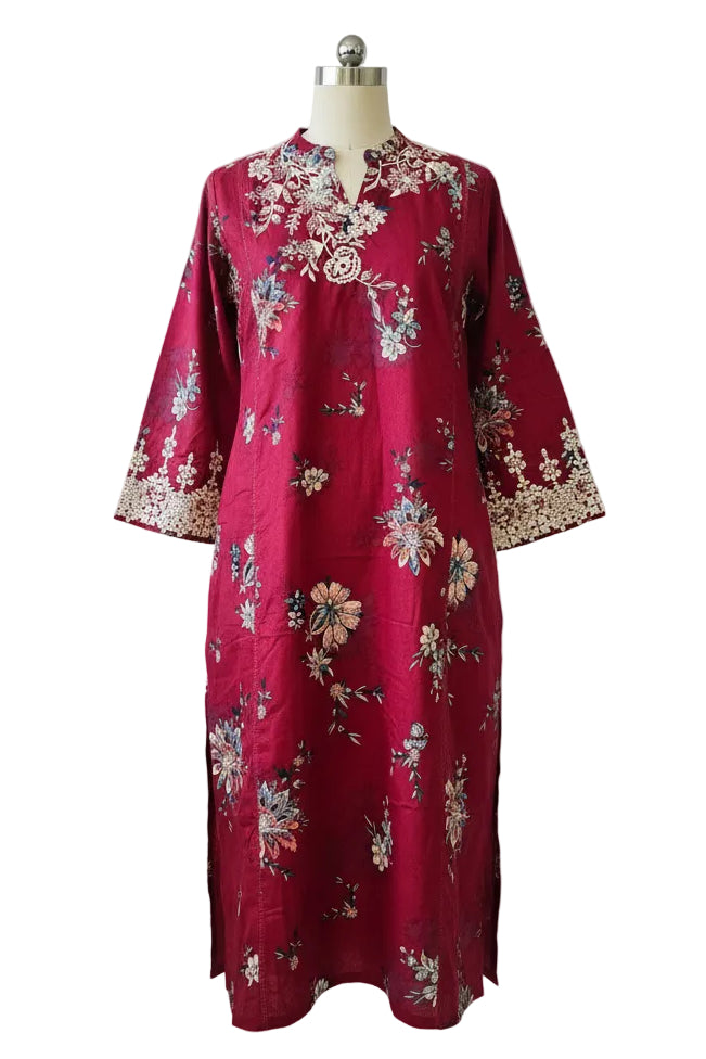 J. Pret Essentials 3-Piece Printed & Embroidered Suit – Deep Red/Maroon