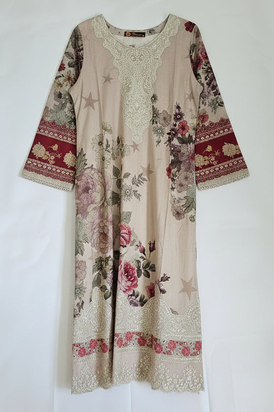 Minsa Collection Beige Multi-Fabric 3-Piece Floral Printed Suit | Cutwork & Sequin Embroidered Hem | Pakistani Casual & Semi-Formal Wear