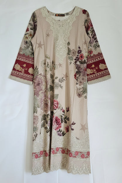 Minsa Collection Beige Multi-Fabric 3-Piece Floral Printed Suit | Cutwork & Sequin Embroidered Hem | Pakistani Casual & Semi-Formal Wear