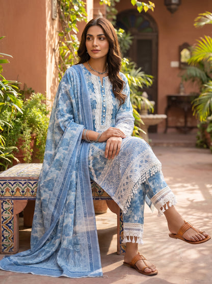 Pakistani 3-Piece Floral Lawn Suit | Blue & White Lace | Buy Online Germany & Europe