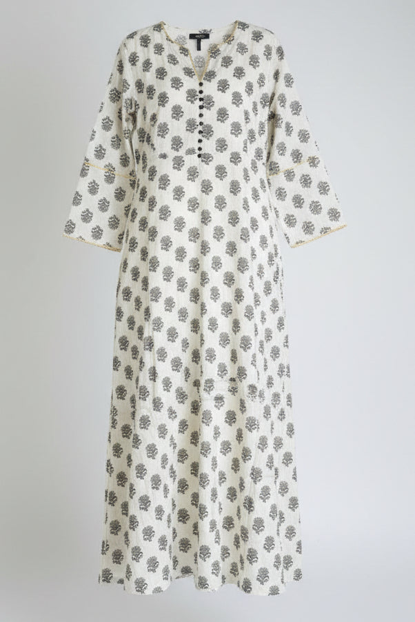 White Booti Print Cotton Kurti 3-Piece Suit | Black Floral Dupatta with Trim | Pakistani Lawn Style | EU Shipping