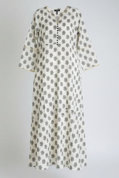 White Booti Print Cotton Kurti 3-Piece Suit | Black Floral Dupatta with Trim | Pakistani Lawn Style | EU Shipping