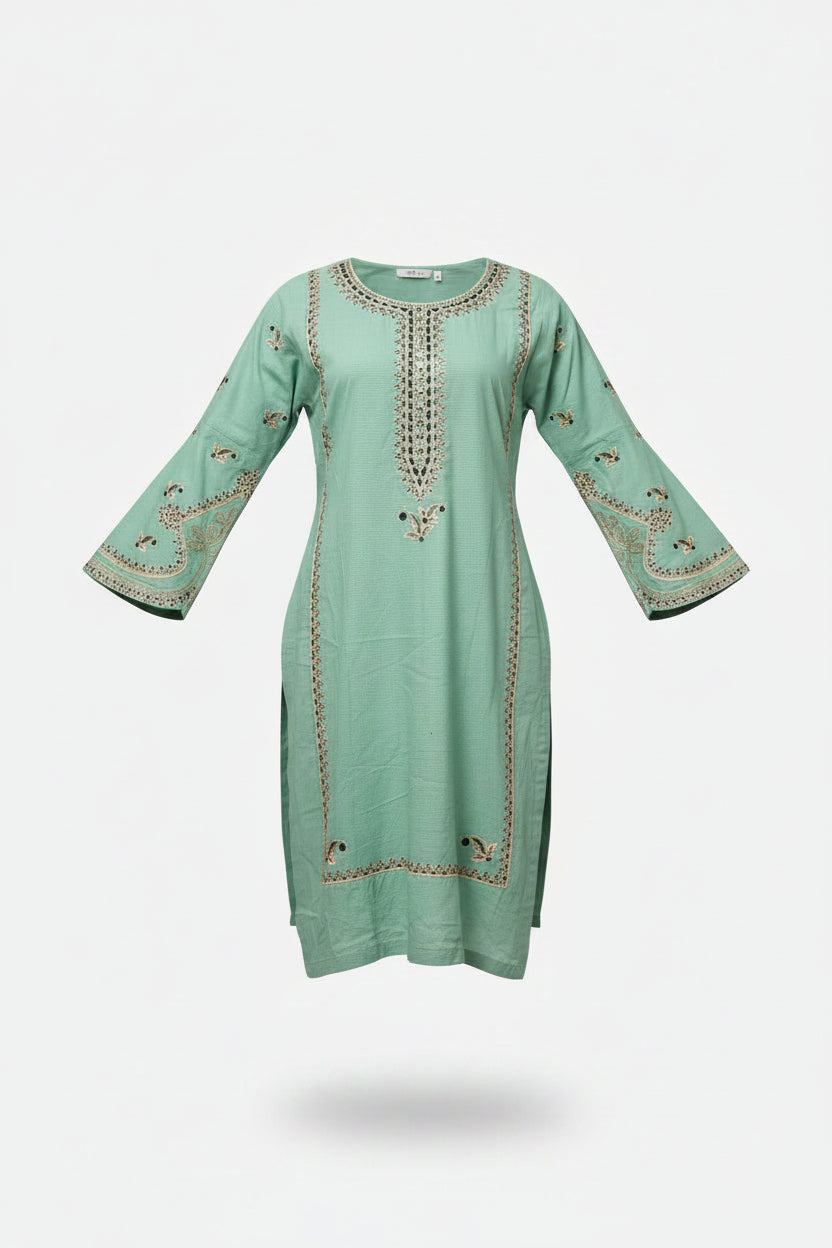 Sage Green Embroidered 2-Piece Suit | Kurti & Palazzo | Sheesha & Paisley Booti | Casual & Everyday Desi Wear