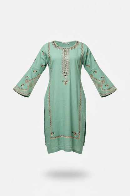 Sage Green Embroidered 2-Piece Suit | Kurti & Palazzo | Sheesha & Paisley Booti | Casual & Everyday Desi Wear