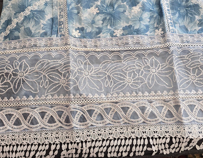 Pakistani 3-Piece Floral Lawn Suit | Blue & White Lace | Buy Online Germany & Europe