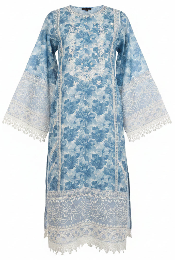 Pakistani 3-Piece Floral Lawn Suit | Blue & White Lace | Buy Online Germany & Europe