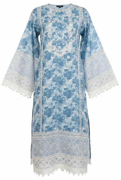 Pakistani 3-Piece Floral Lawn Suit | Blue & White Lace | Buy Online Germany & Europe