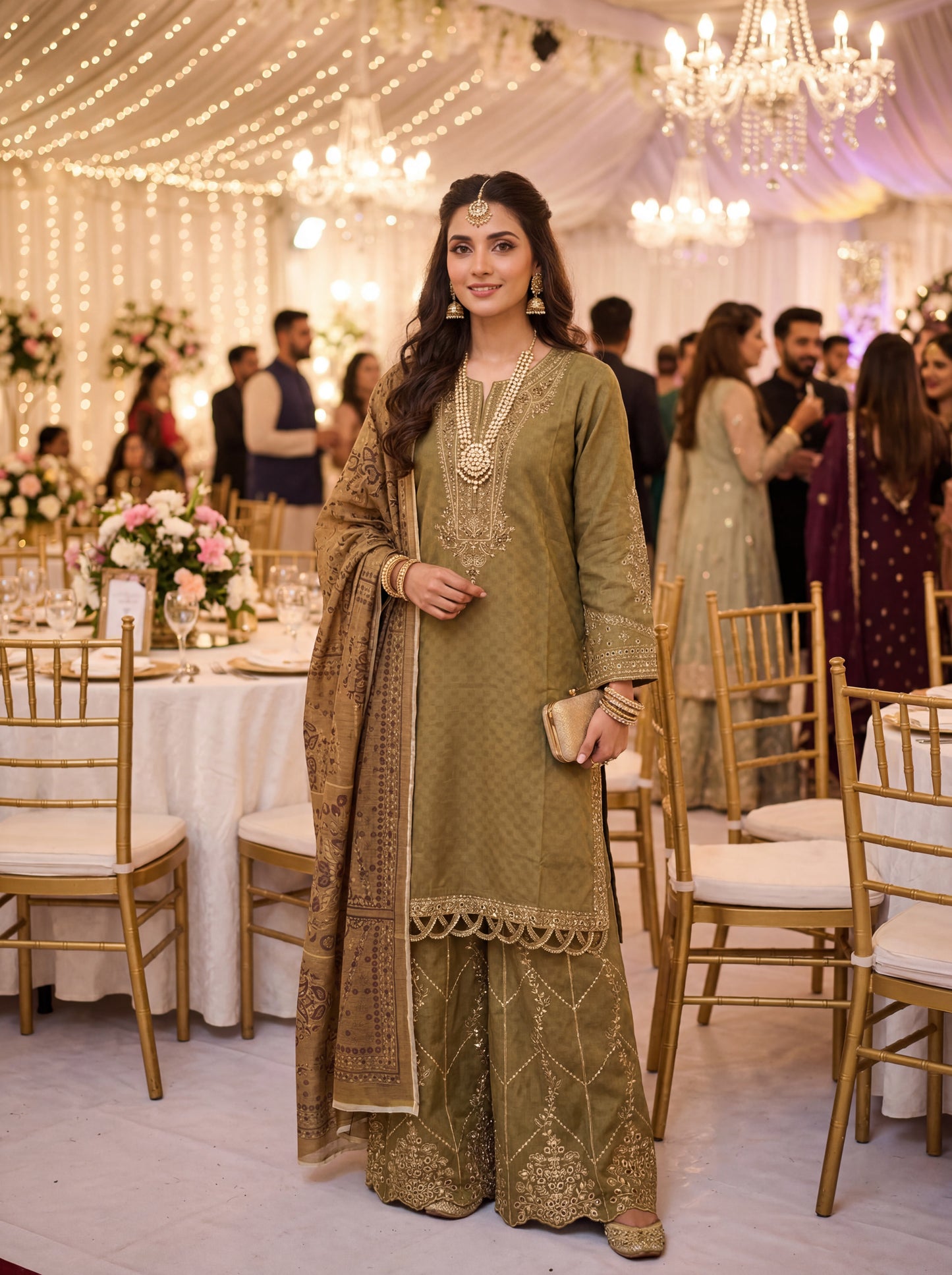 Olive Gold 3-Piece Suit | Cotton Silk Kurti with Sheesha Embroidery & Palazzo Trousers | Pakistani Designer Wear | EU Free Shipping