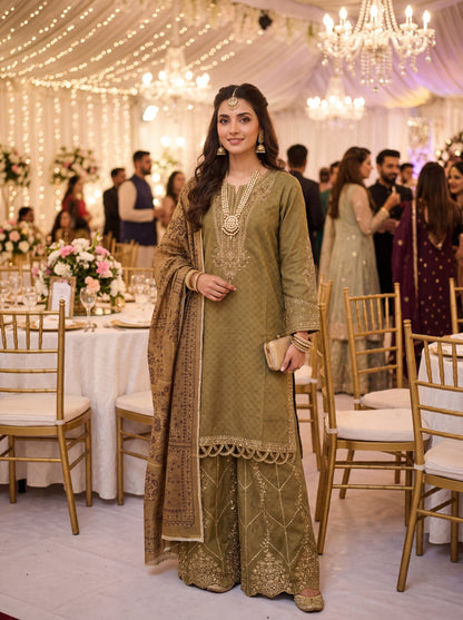 Olive Gold 3-Piece Suit | Cotton Silk Kurti with Sheesha Embroidery & Palazzo Trousers | Pakistani Designer Wear | EU Free Shipping