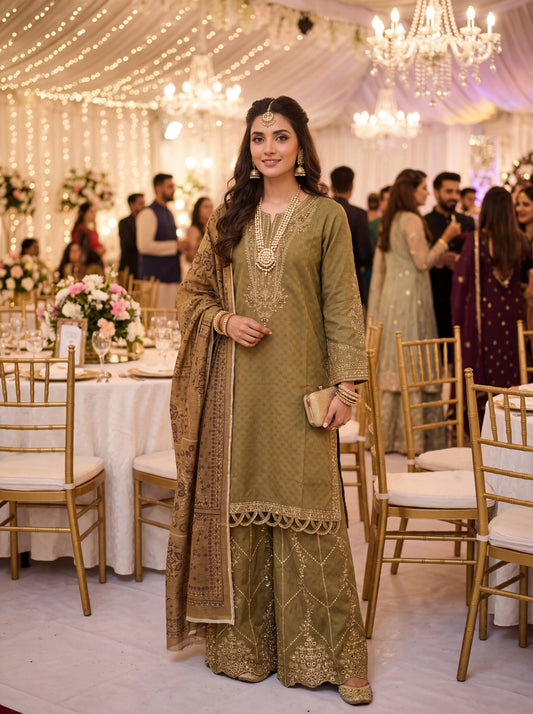 Olive Gold 3-Piece Suit | Cotton Silk Kurti with Sheesha Embroidery & Palazzo Trousers | Pakistani Designer Wear | EU Free Shipping