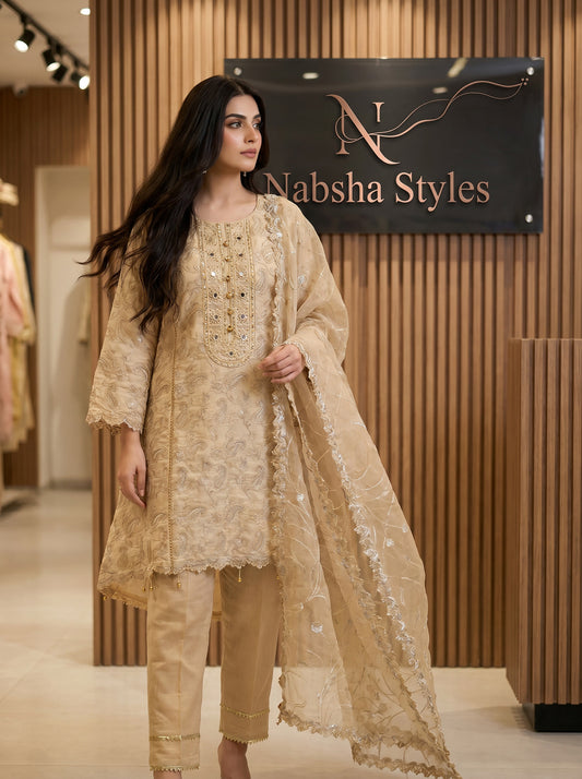 Ivory Cream Multi-Fabric 3-Piece Embroidered Suit | Paisley Threadwork & Mirror Work | Pakistani Formal & Wedding Wear