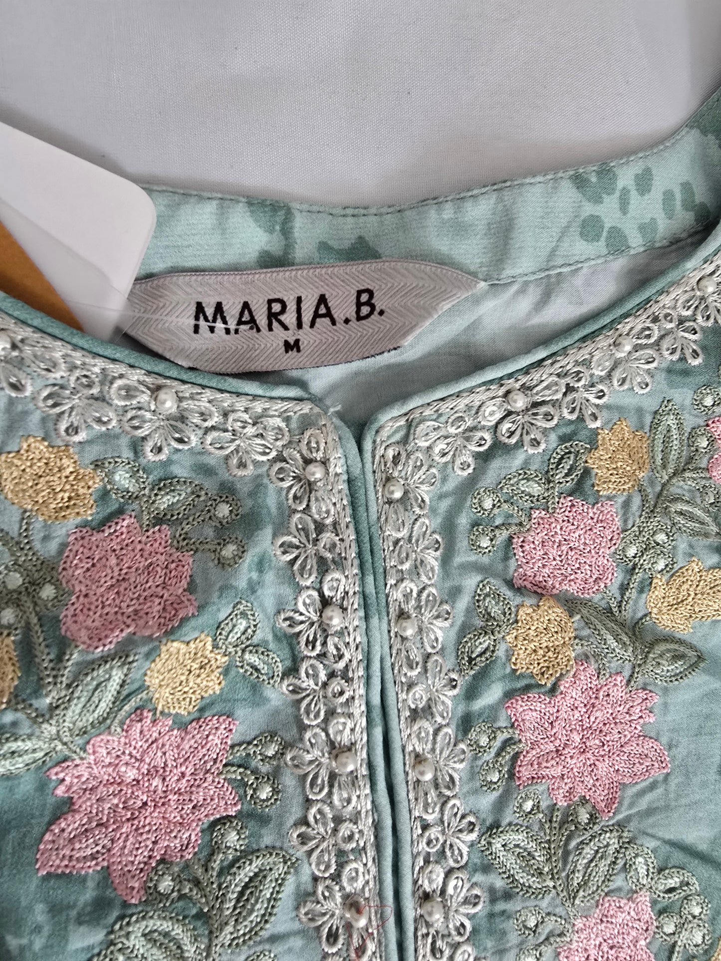 Maria B Mint Green Multi-Fabric 3-Piece Printed Suit | Floral Embroidery & Pearl Detail | Pakistani Luxury Lawn