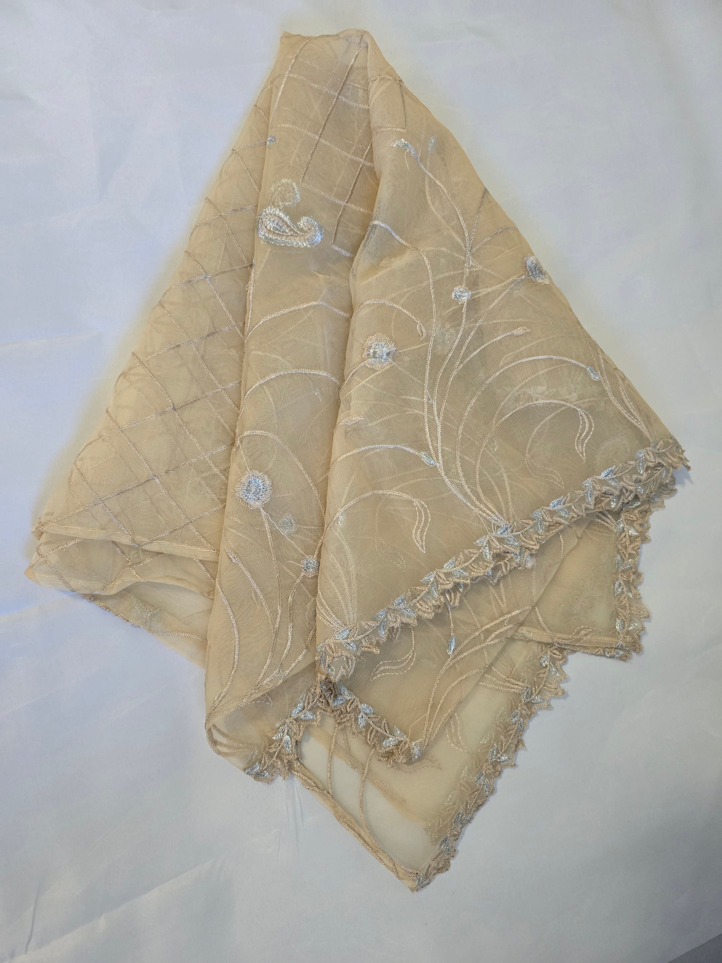 Ivory Cream Multi-Fabric 3-Piece Embroidered Suit | Paisley Threadwork & Mirror Work | Pakistani Formal & Wedding Wear