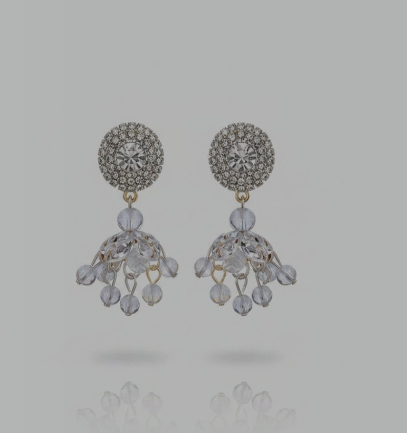Crystal Jhumki Earrings – Silver Rhinestone Disc with Crystal Bead Drops | Pakistani Indian Jewellery | Desi Wedding Earrings