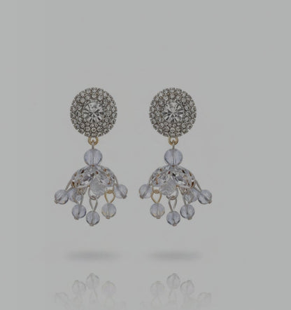 Crystal Jhumki Earrings – Silver Rhinestone Disc with Crystal Bead Drops | Pakistani Indian Jewellery | Desi Wedding Earrings