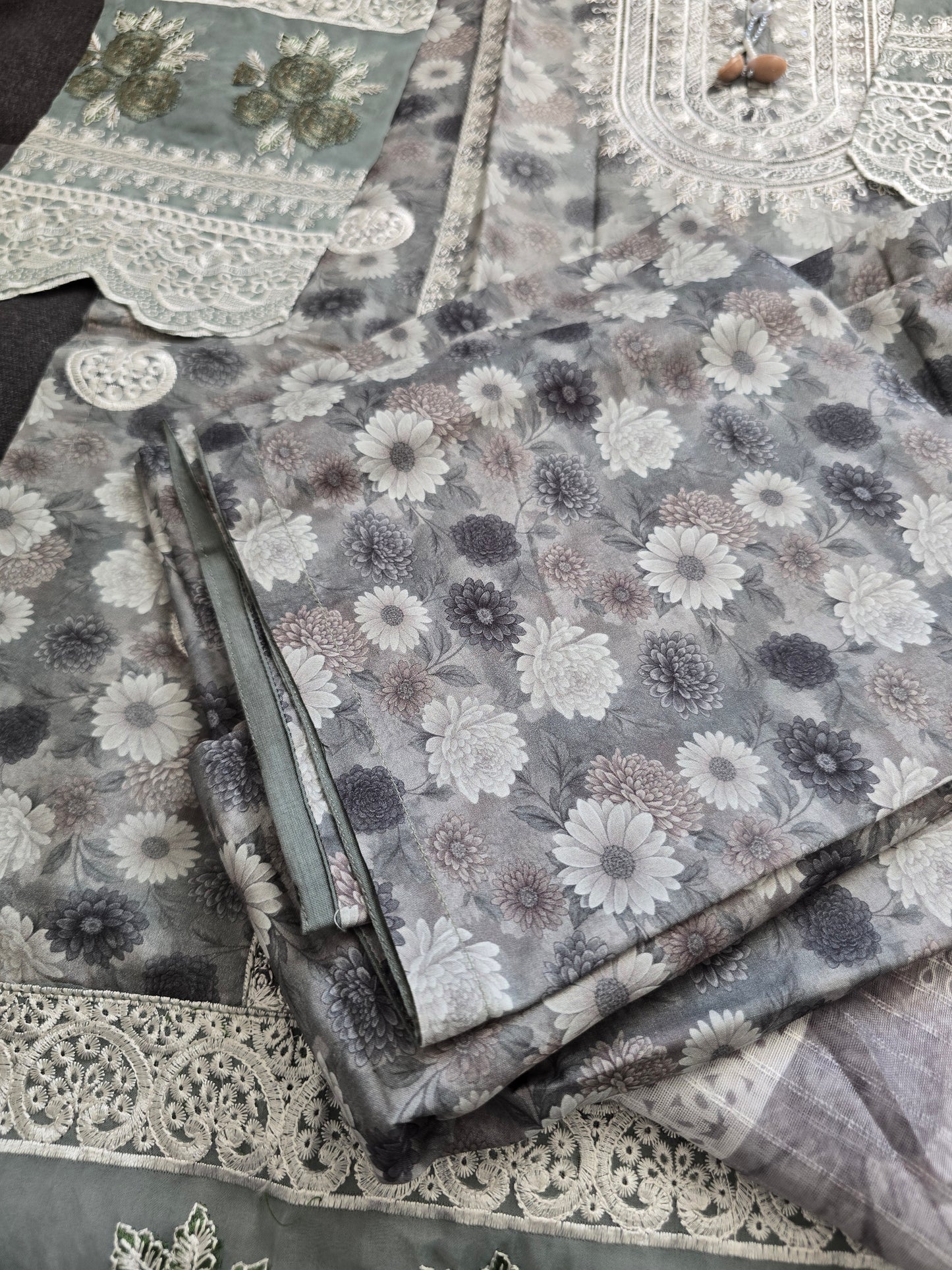 Grey Floral 3-Piece Suit | White Lace Cuffs | 3D Rose Appliqué Hem | Minsa Collection