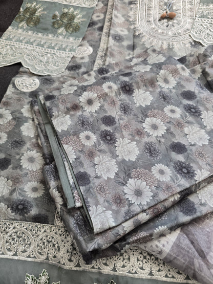 Grey Floral 3-Piece Suit | White Lace Cuffs | 3D Rose Appliqué Hem | Minsa Collection